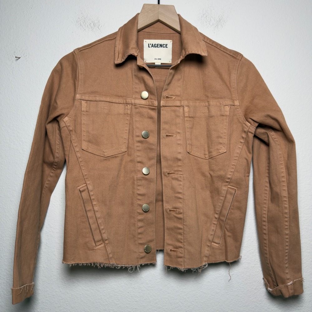 L'AGENCE Women Cotton Janelle Jacket XS Dark Camel Raw Hem Denim Button Up